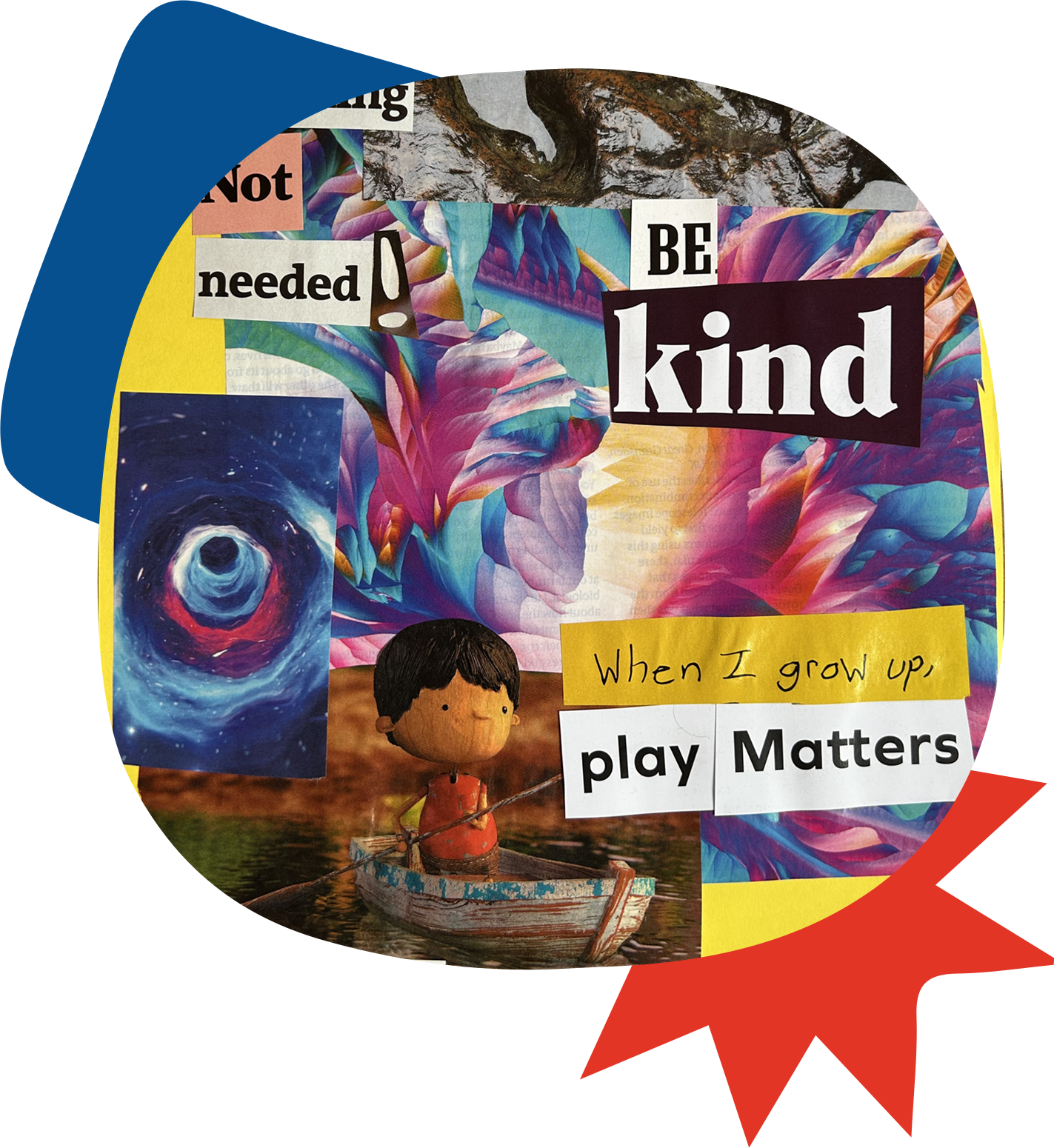 A collage of brightly coloured card, images and the words 'be kind'